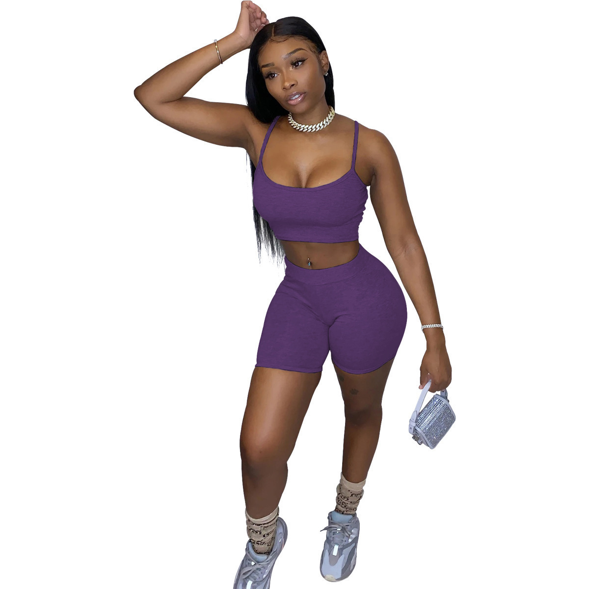 Women's Solid Color Crop Cami Top and Biker Shorts Two-Piece Set