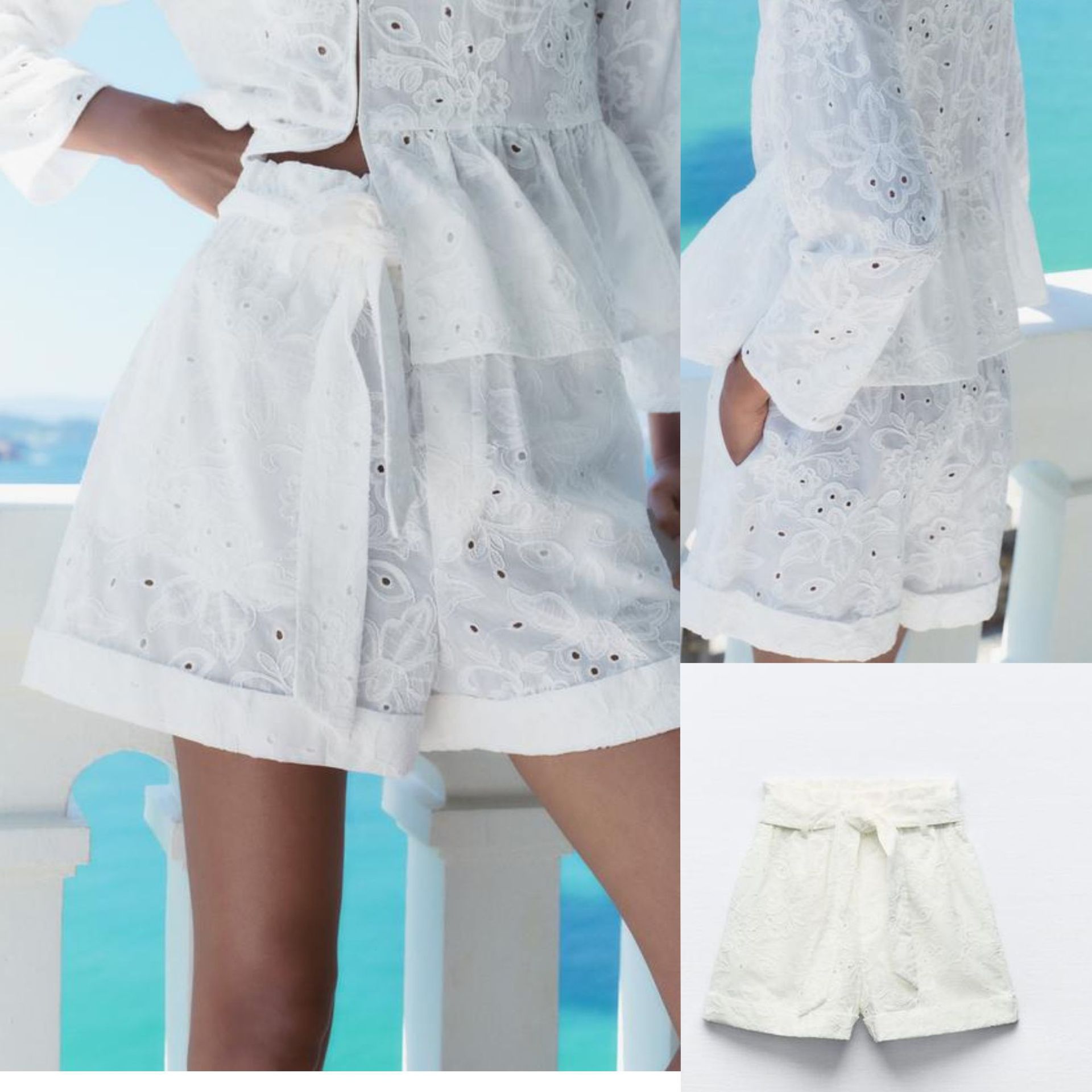 White Embroidered Cutout Shirt and Shorts Set