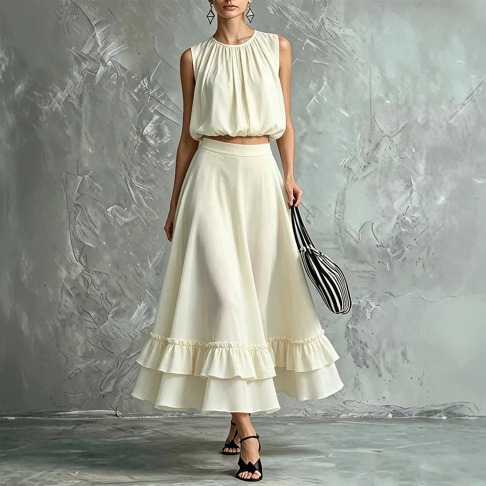 Women's Sleeveless Round Neck Top and Ruffle Hem Maxi Skirt Set