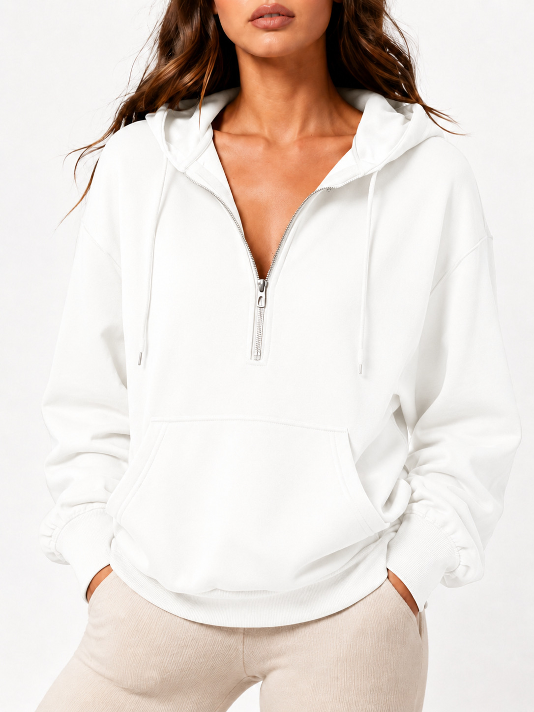 2026 Fall New Cross-Border European and American Loose Hooded Half-Zip Pocket Fall Winter Casual Sweatshirt Women's