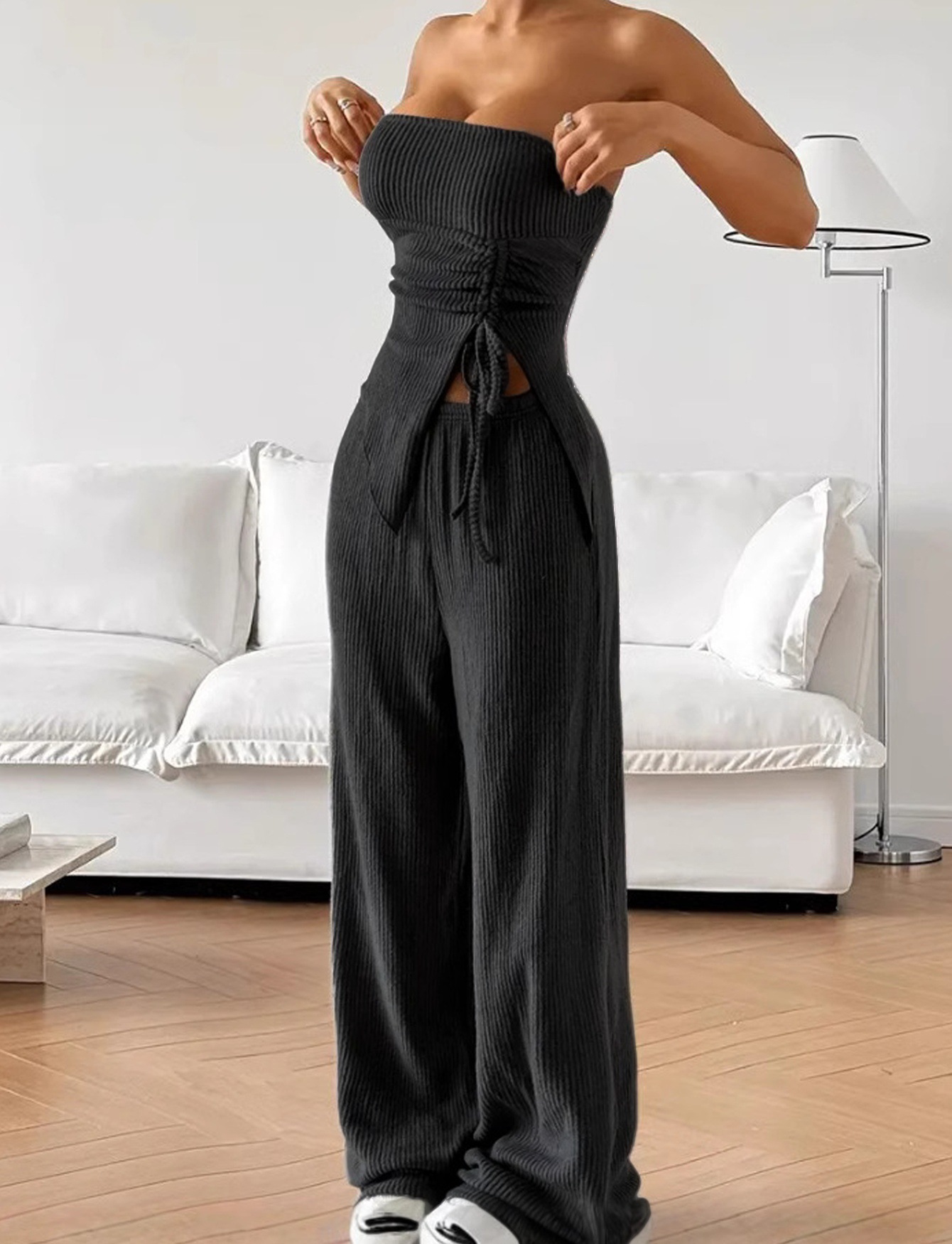 Women's Sexy Strapless Two-Piece Ribbed Set with Slit Top and Straight-Leg Pants