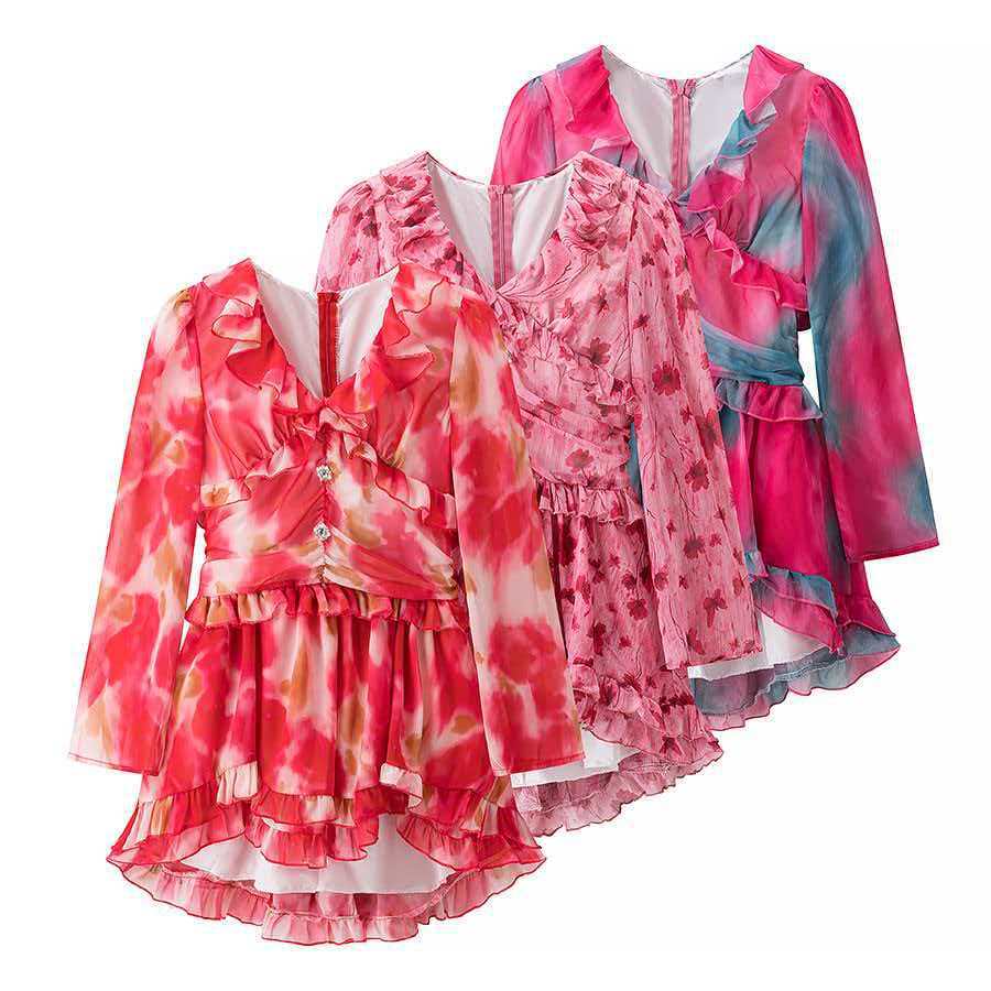 V-Neck Ruffle Trim Floral Print Dress