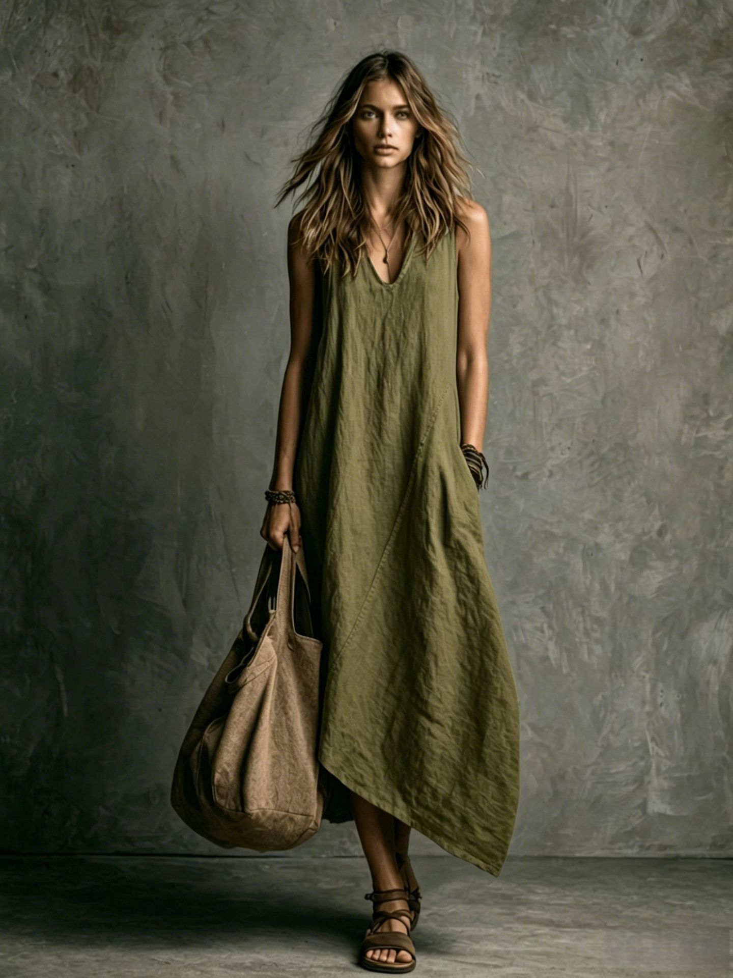 Sleeveless Colorblock Midi Dress with Pockets Linen Blend Vacation Casual