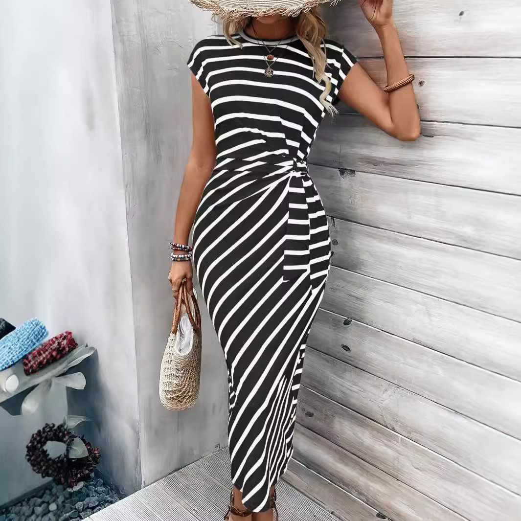 Striped Round Neck Short Sleeve Midi Dress with Waist Tie