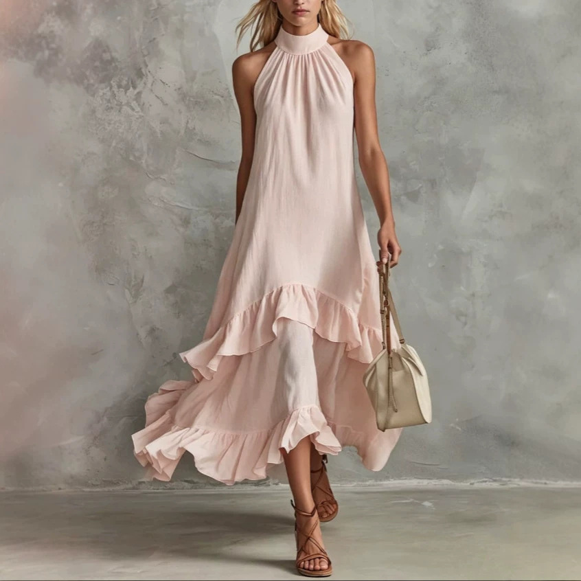 White Sleeveless Ruffle Midi Beach Dress