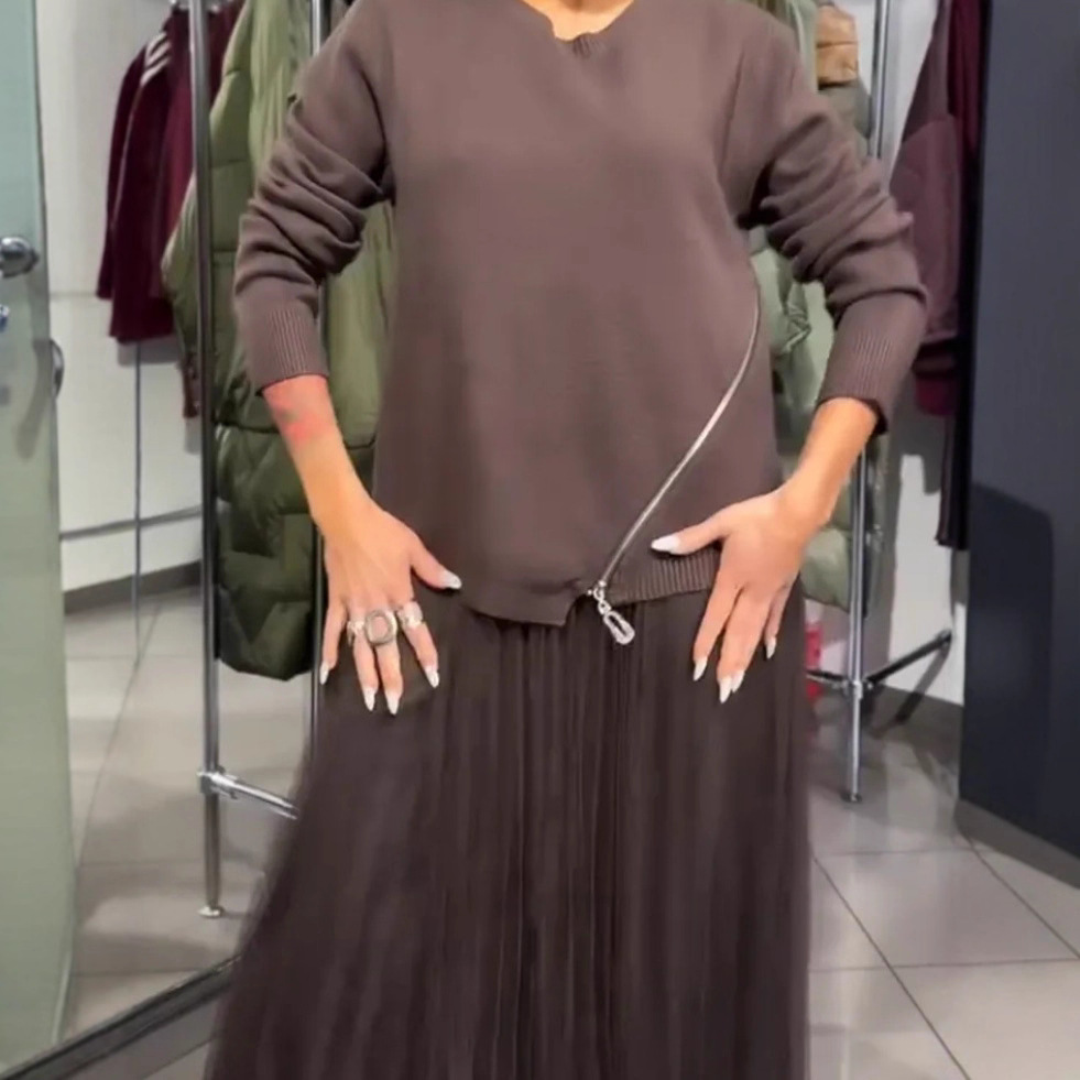 Women's Knit Spliced Mesh Long Sleeve Crew Neck Skirt Set Casual Two-Piece