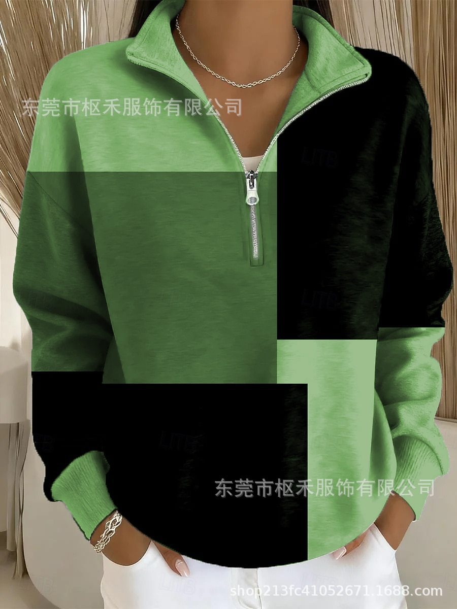 Plaid Color-Block Print Half-Zip Hoodie for Women
