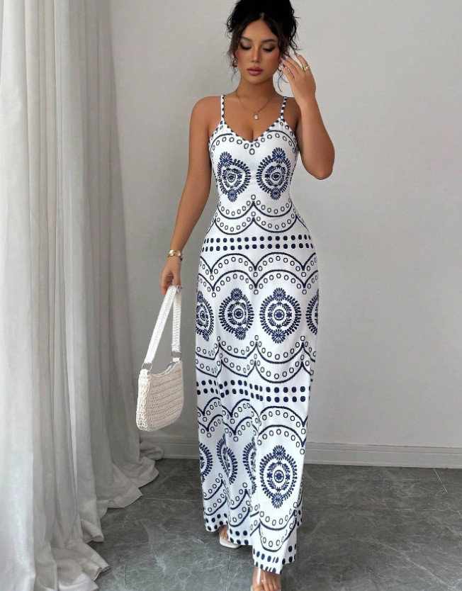 Women's Sleeveless V-Neck Printed Maxi Dress Slim Fit Summer