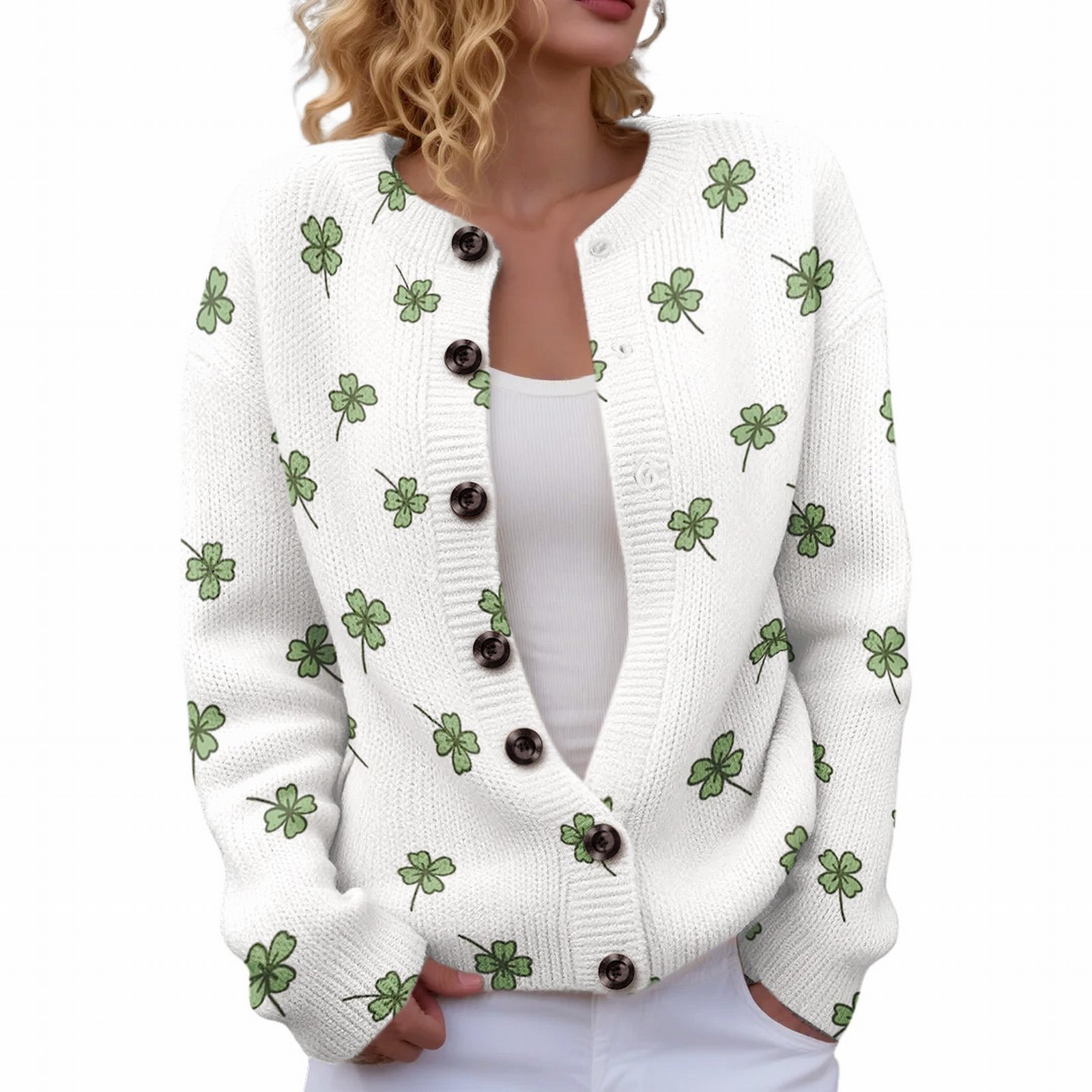 Women's Four-Leaf Clover Print Button Cardigan Sweater