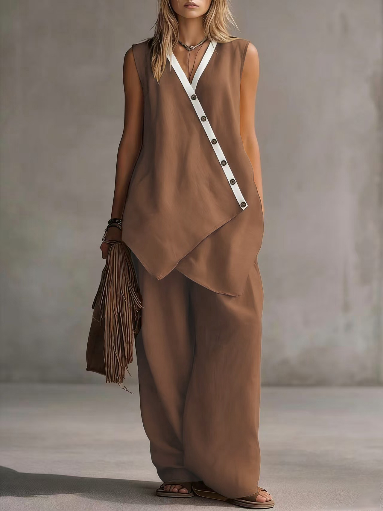 Bohemian V-Neck Button Tank Top & Wide-Leg Pants Casual Set