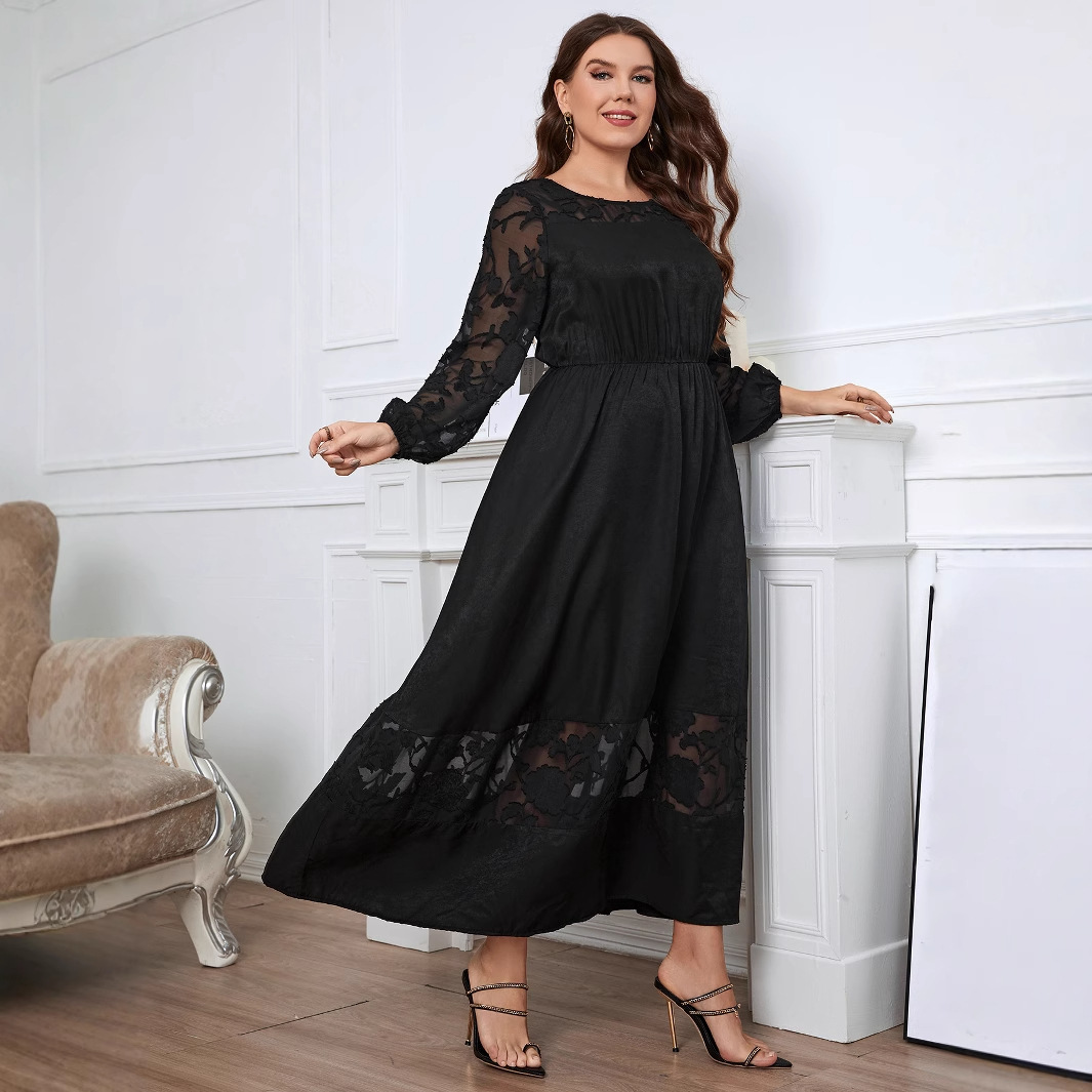 Women's Lace Over-Knee Long Sleeve Dress Slimming Black