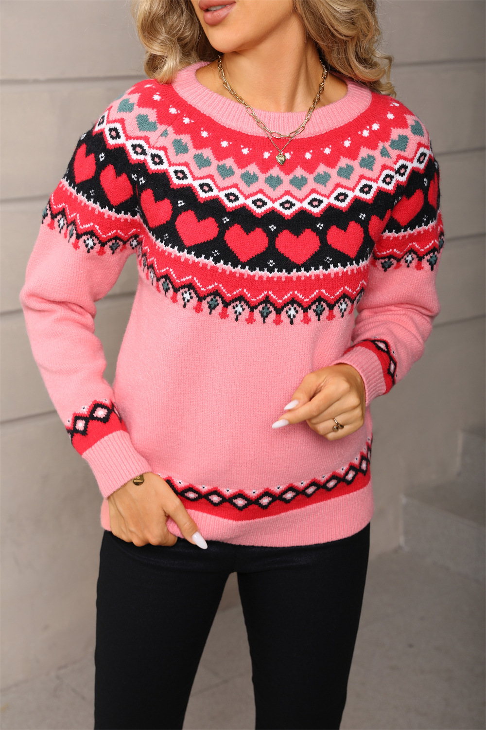 Heart Jacquard Knit Pullover Sweater Plus Size Crew Neck Long Sleeve