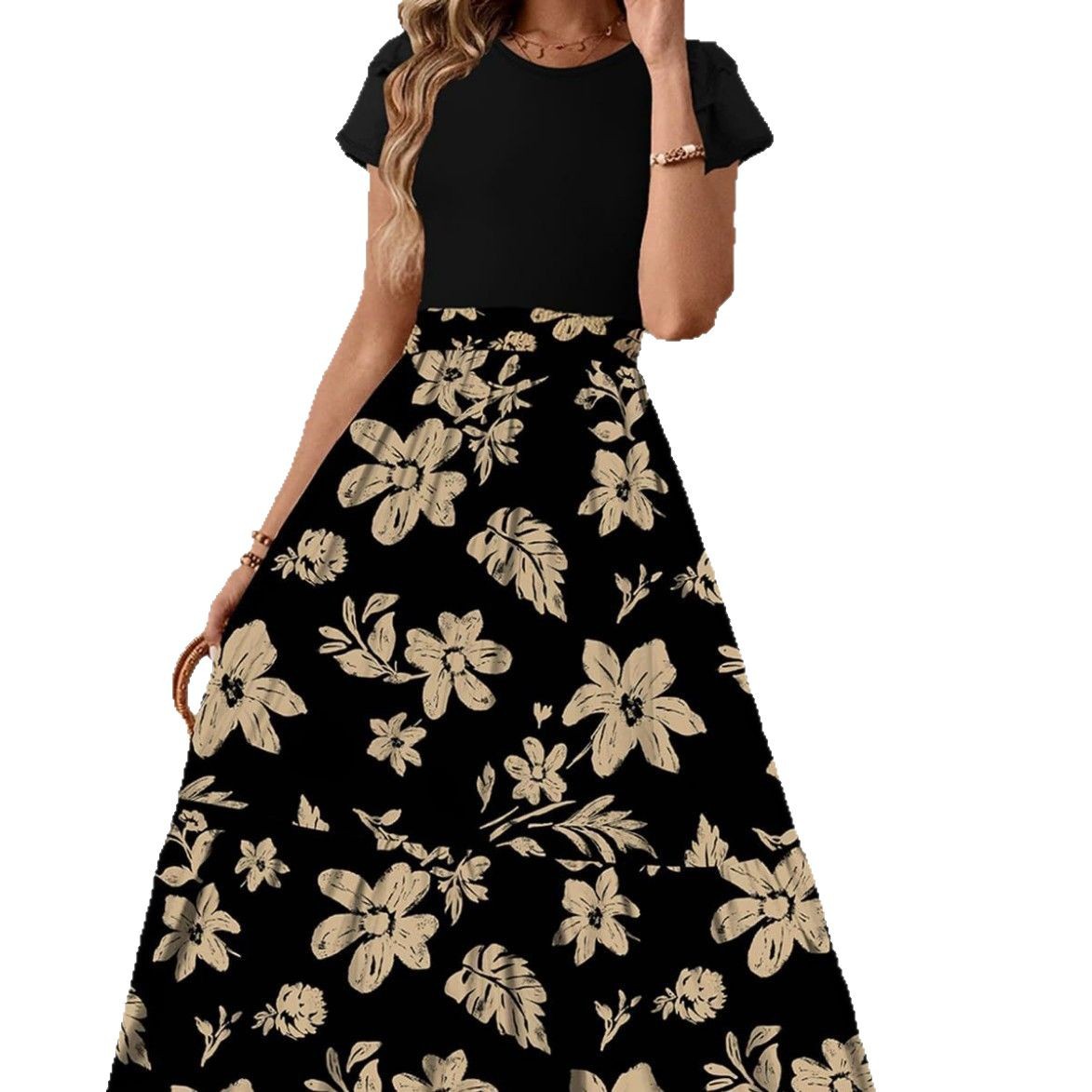 Floral Print Round Neck Maxi Dress Boho Vacation Elegant