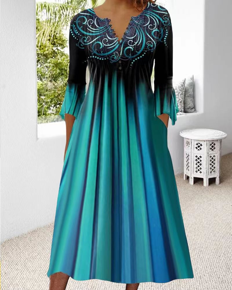 Floral Print V-Neck Half-Sleeve A-Line Maxi Dress Plus Size