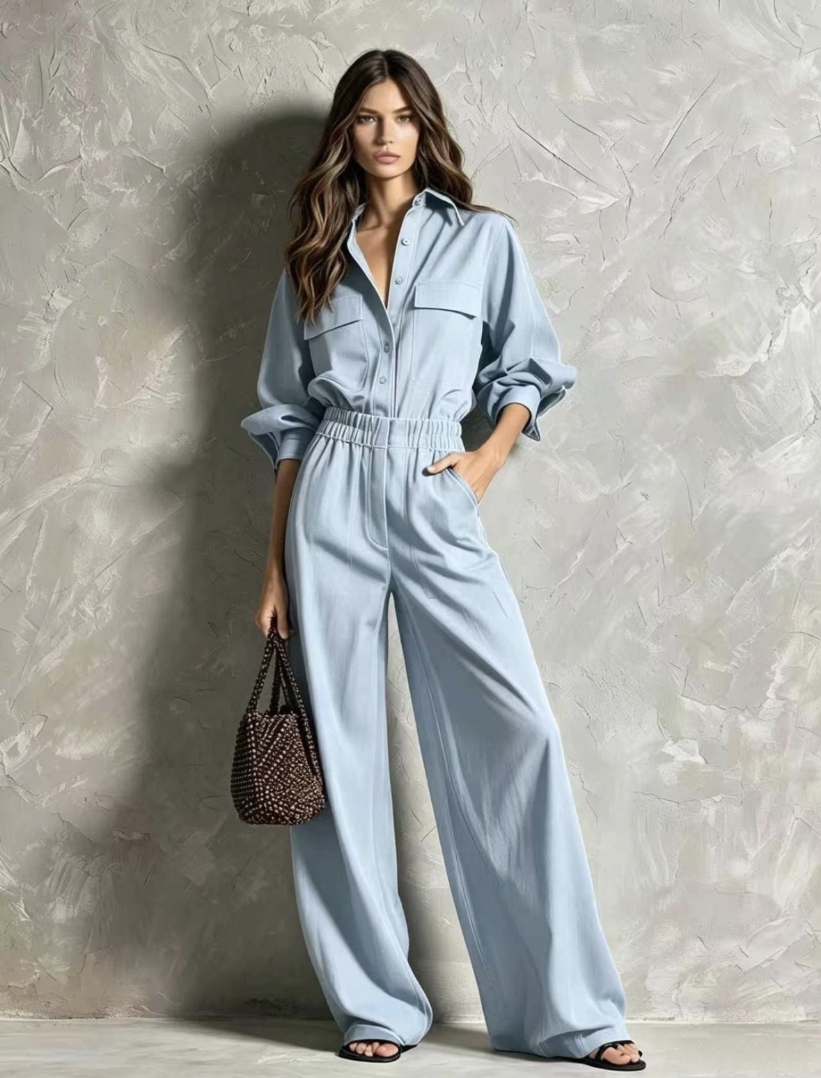 Women's High-Waist Wide-Leg Jumpsuit with Shirt Collar and Elastic Waist