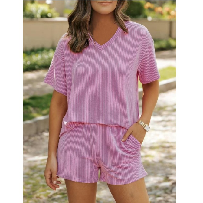 Women's Twist Ribbed Casual Two-Piece Set Short Sleeve Top and Shorts