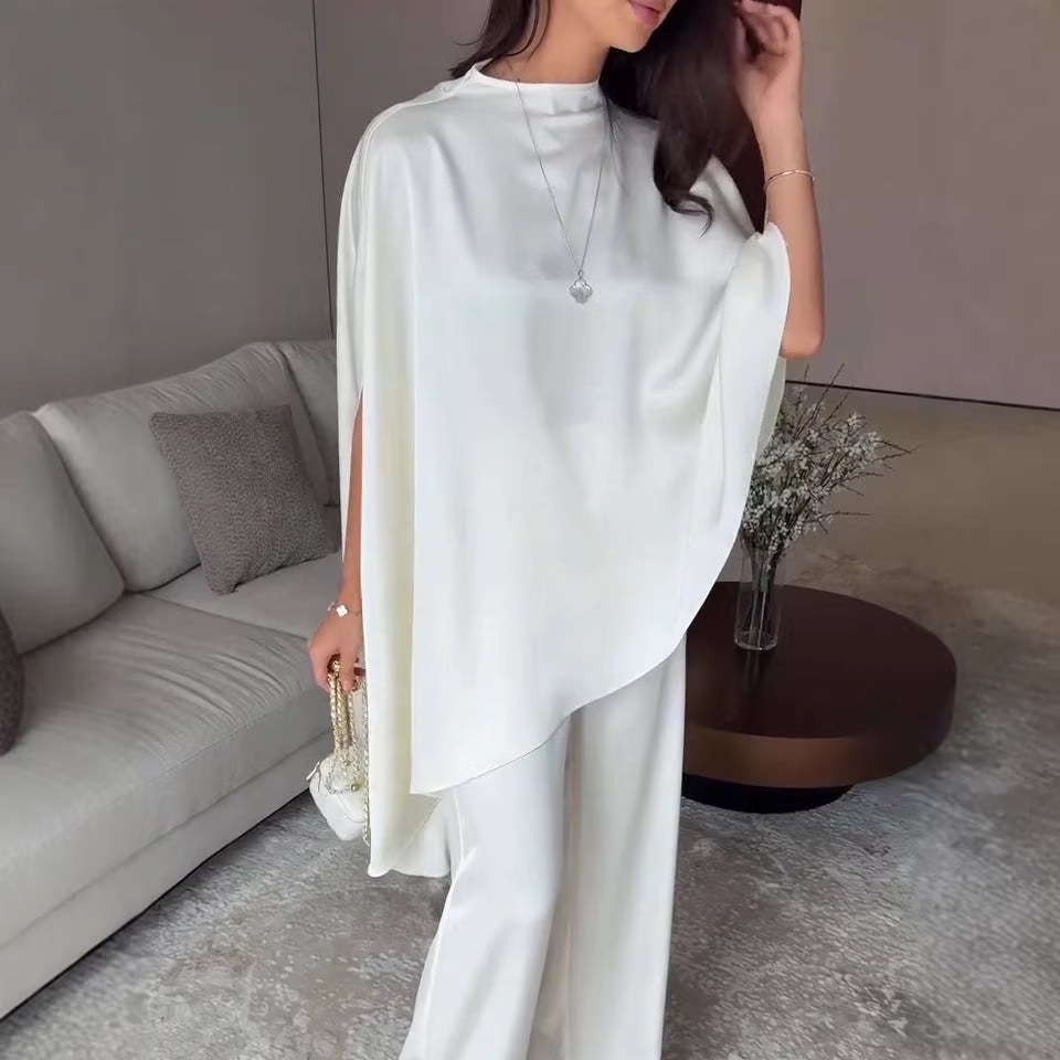 Satin Draped Two-Piece Set with Shawl Top and Wide-Leg Pants
