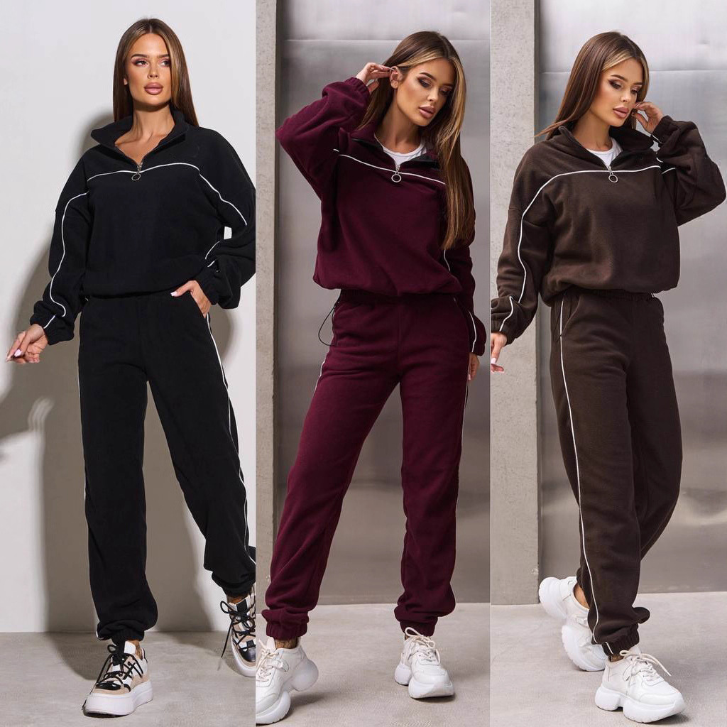 Women's Casual Loose Zip Stand Collar Fleece Hoodie Two-Piece Set