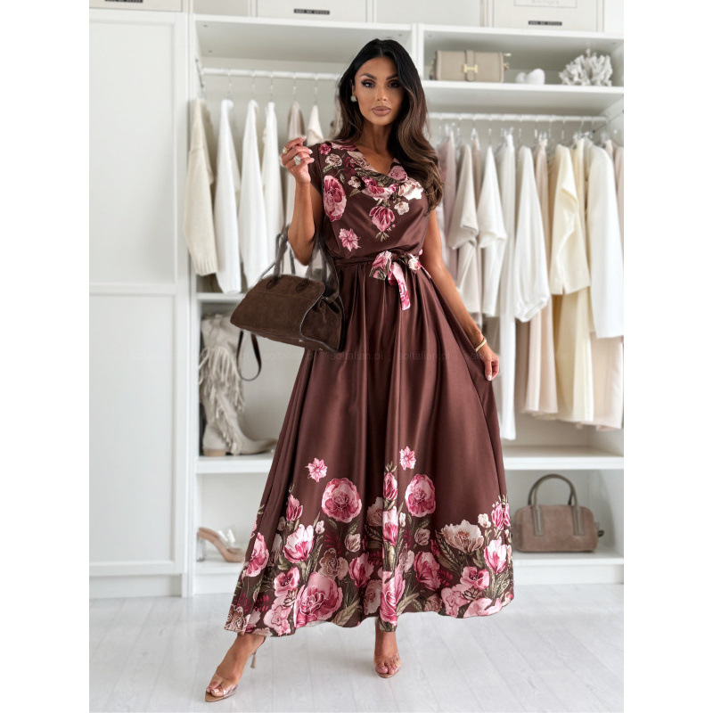 Minimalist Floral Tie-Waist Dress with High Neck and Puff Sleeves