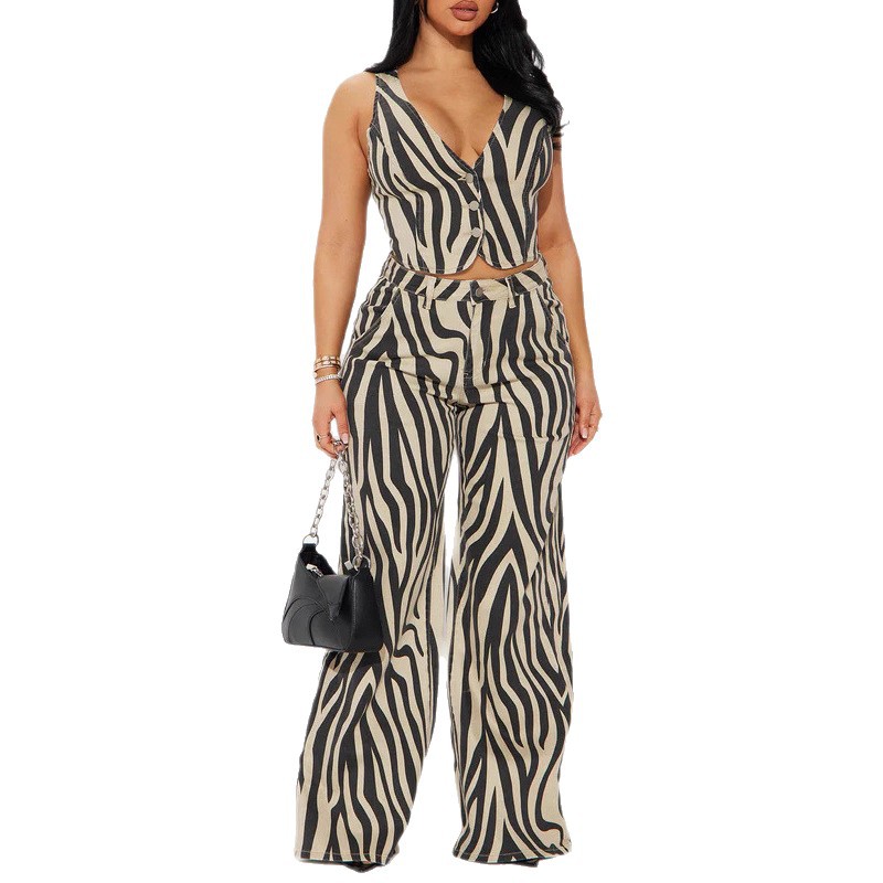 Zebra Striped Sleeveless Vest and Wide-Leg Pants Two-Piece Set