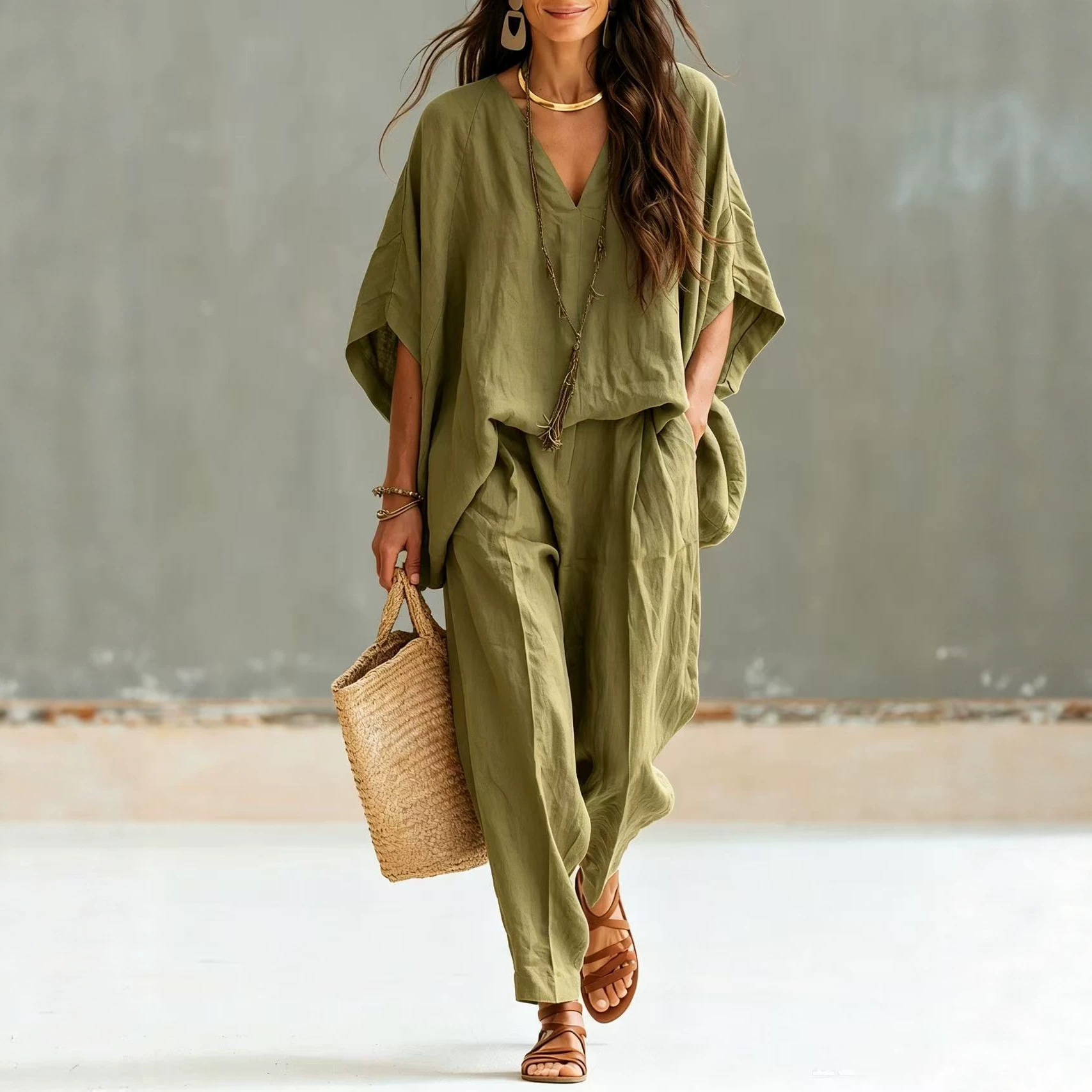 Solid V-Neck Drop Shoulder Loose Wide-Leg Pants Casual Set