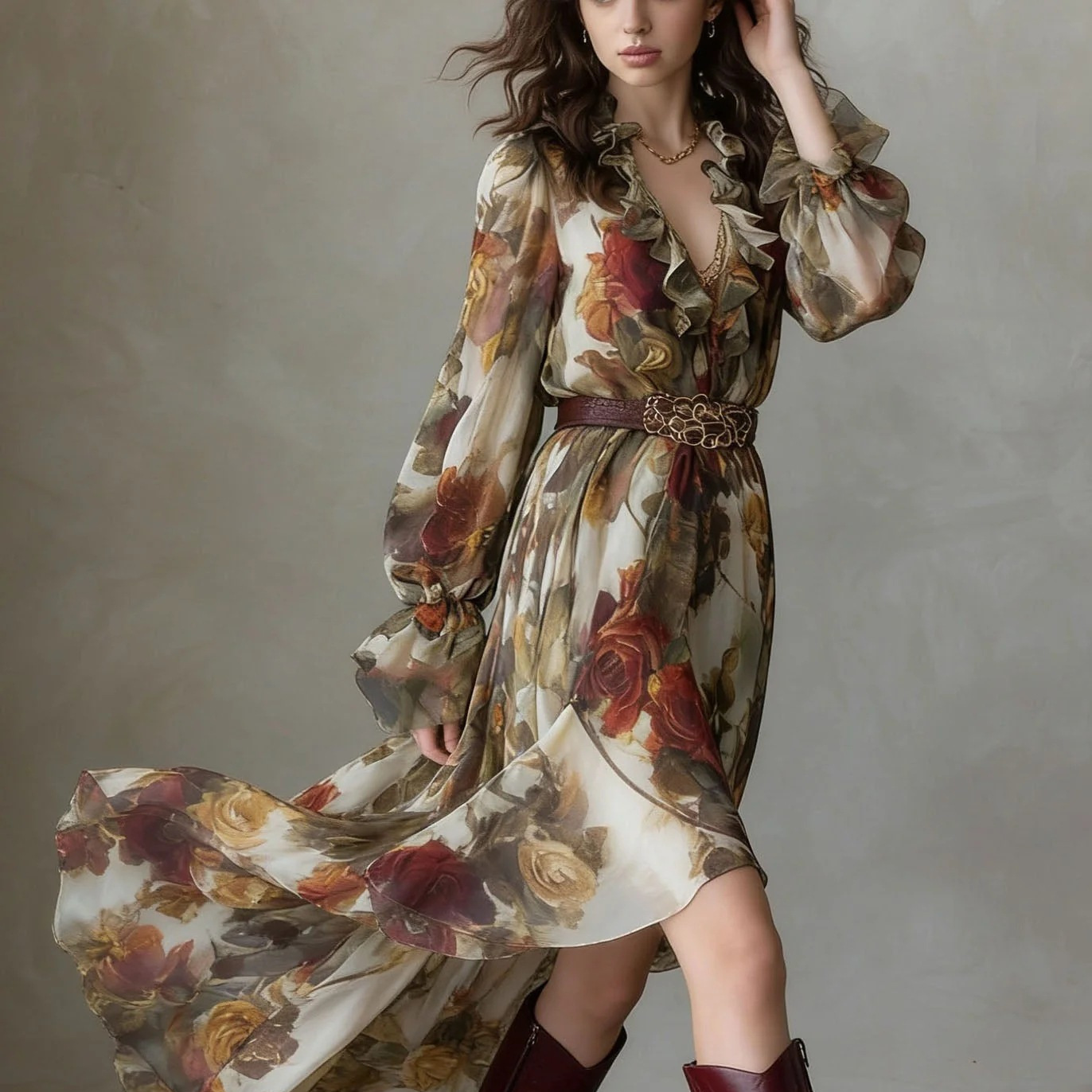 Vintage Oil Painting Rose Print Ruffle V-Neck Long Sleeve Cinched Waist Asymmetric Chiffon Maxi Dress with