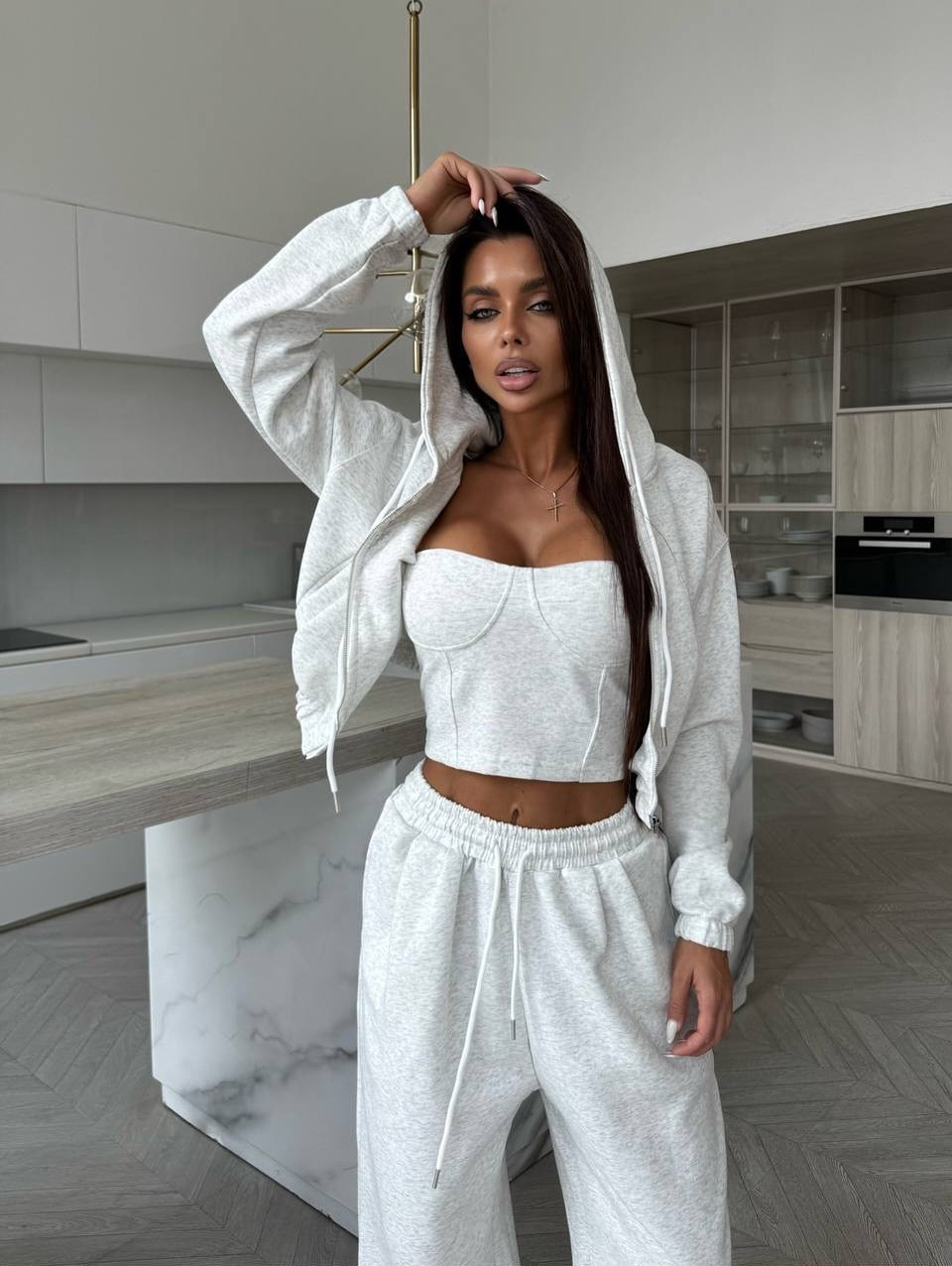 Women's Solid Color Hooded Zip Cardigan Sweatshirt and Wide-Leg Pants Two-Piece Set