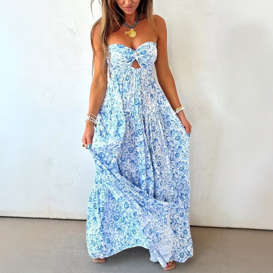 Blue Floral Strapless Twist Cutout Maxi Dress