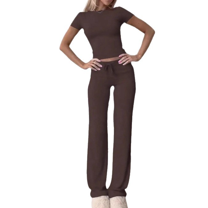 Women's Solid Color Short Sleeve Top & Long Pants Two-Piece Set