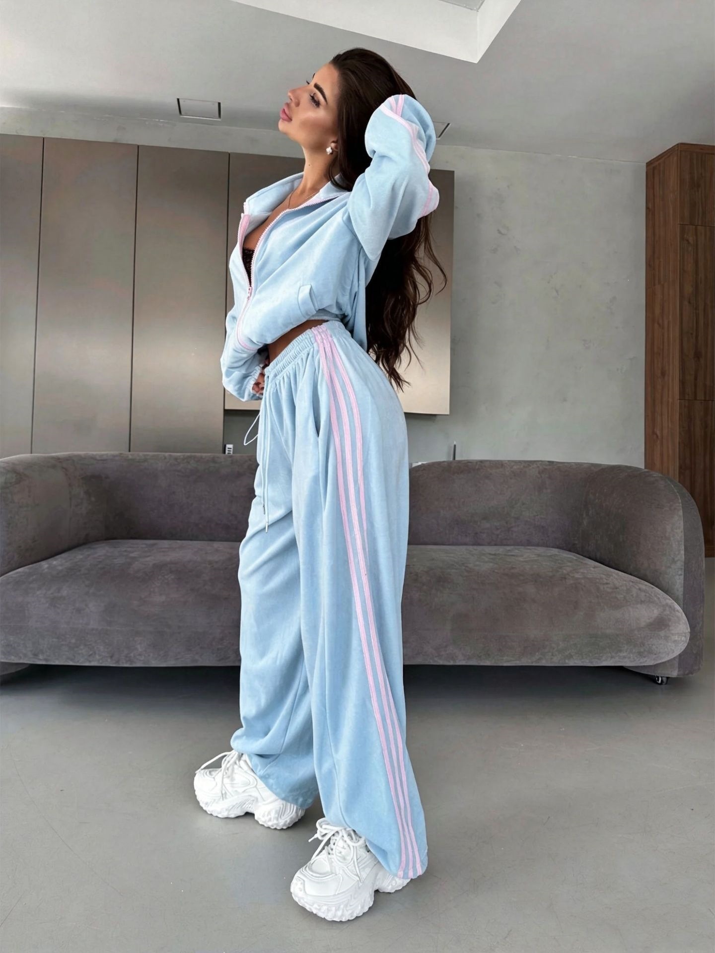 Velvet Colorblock Three-Stripe Track Suit Women's Stand Collar Zip Jacket High-Waist Drawstring Wide-Leg Pants