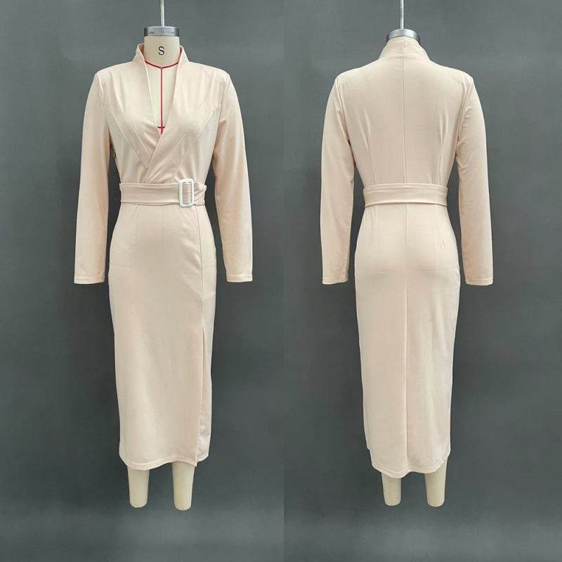 V-Neck Fitted Midi Bodycon Slit Dress