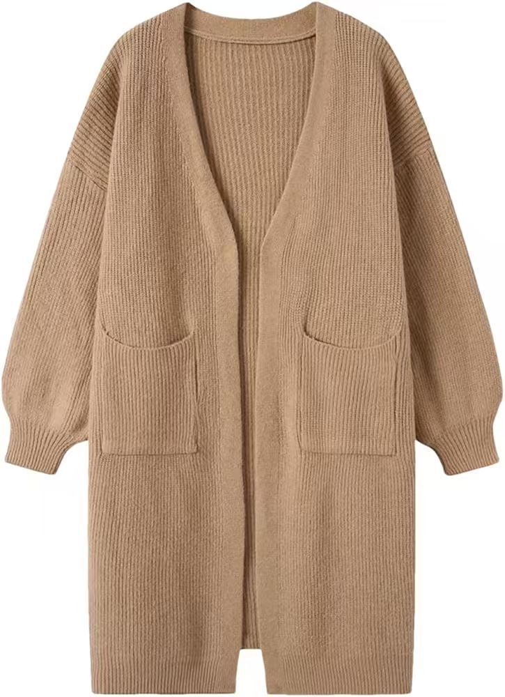 Women's Solid Color Pocket Open-Front Long Knit Cardigan Sweater Coat