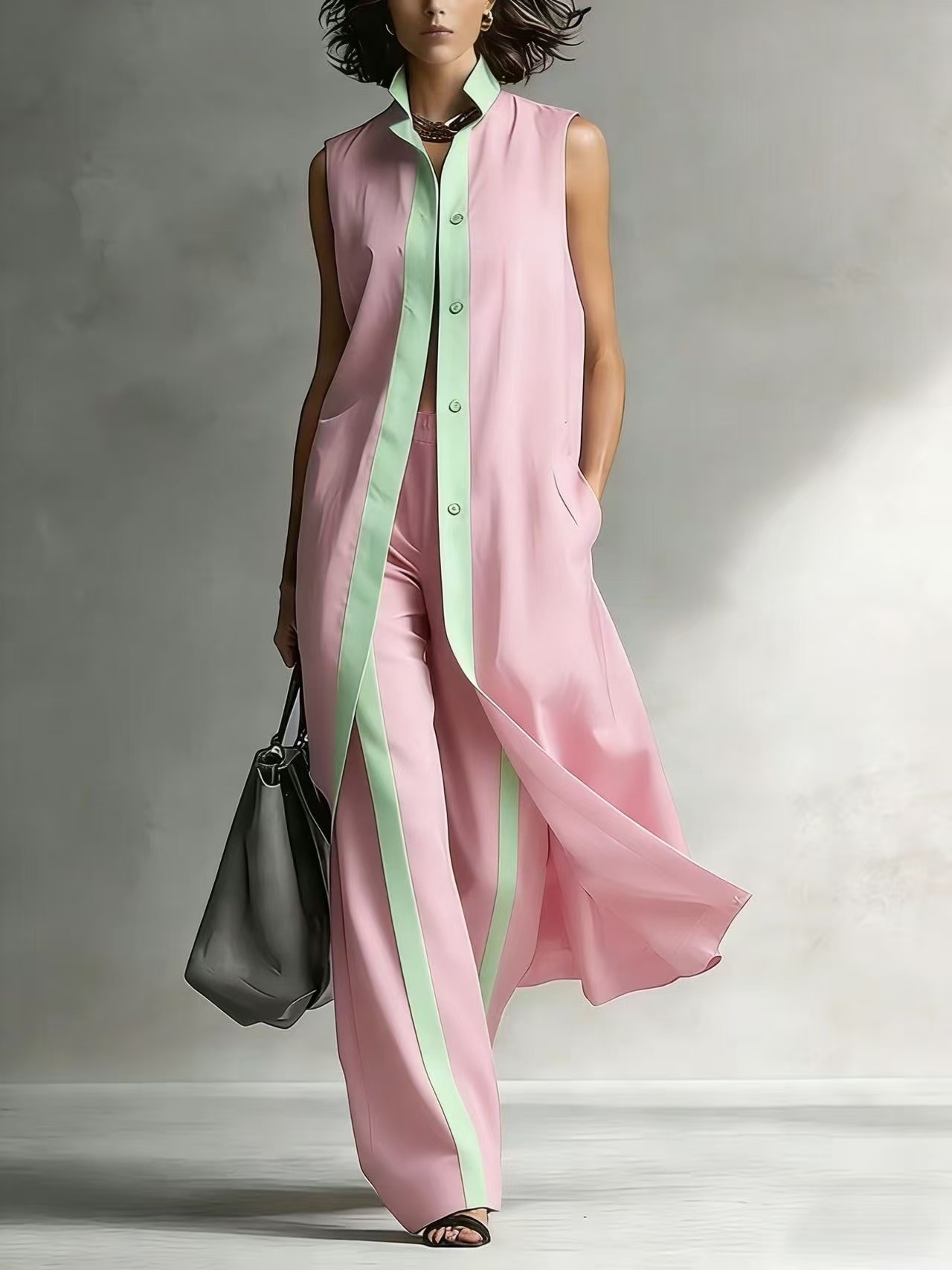 Colorblock Sleeveless Vest Cardigan & Pants Set
