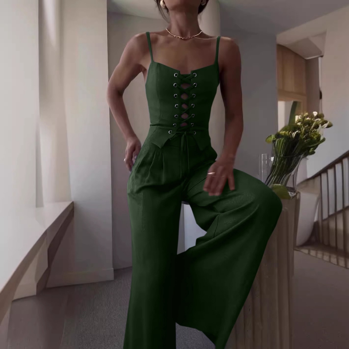 Sleeveless Cutout Lace-Up Top and Wide-Leg Pants Set