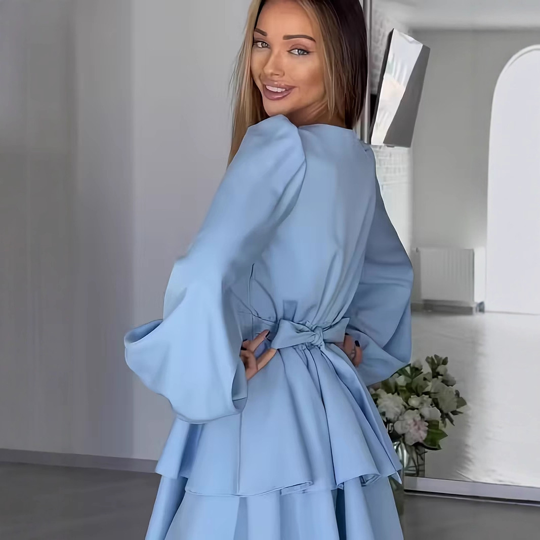 Elegant V-Neck Tie-Waist Long-Sleeve Shirt Dress