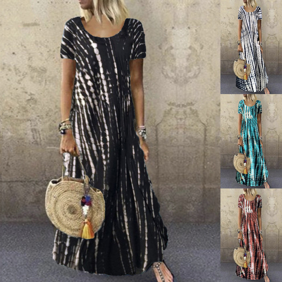 Tie-Dye Print Short Sleeve Round Neck Maxi Dress Plus Size Casual