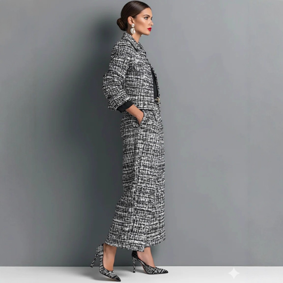 Women's Fitted Lapel Jacket and Wide-Leg Pants Set