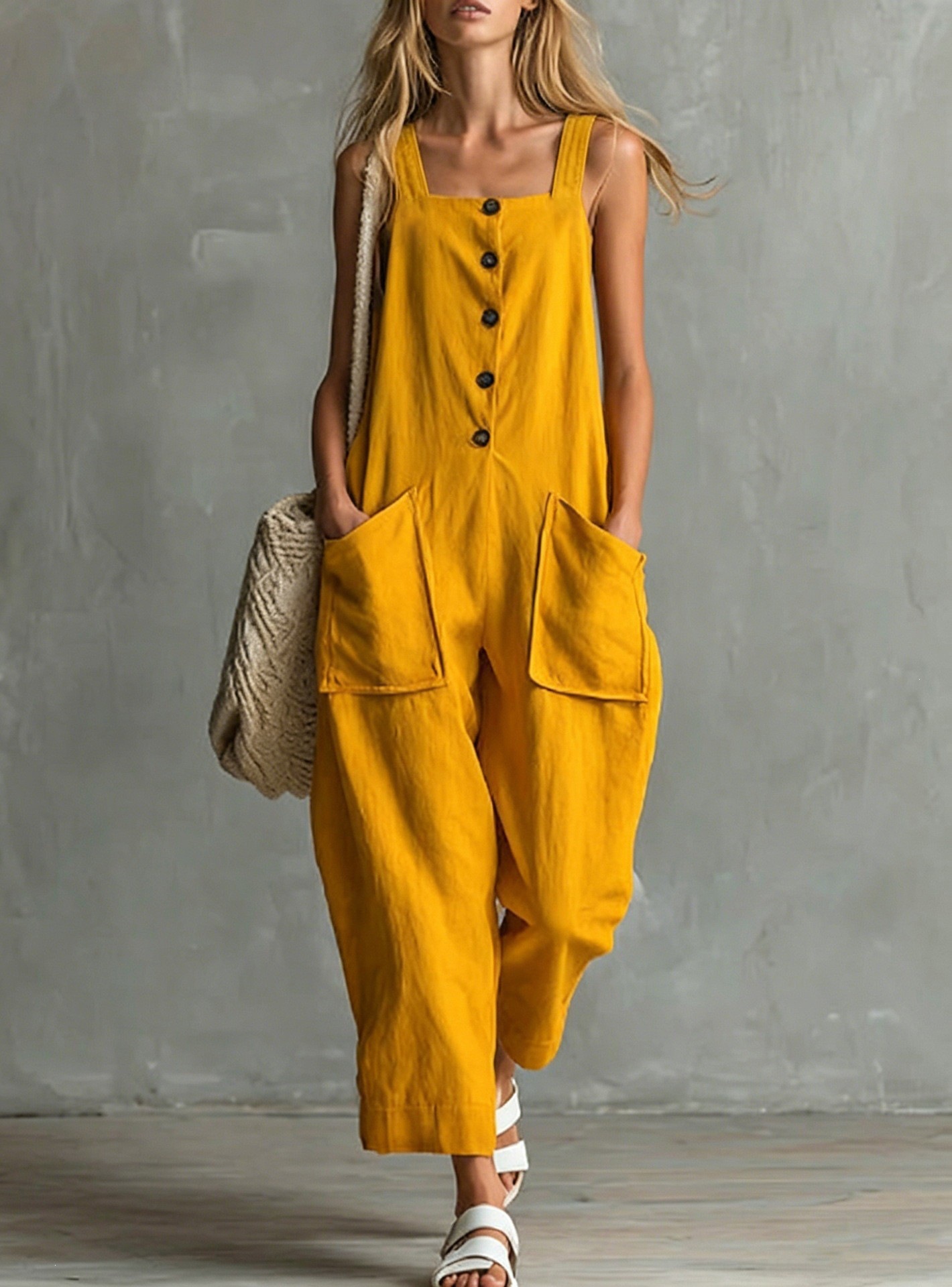 Women's Linen-Blend Wide-Leg Jumpsuit with Pockets