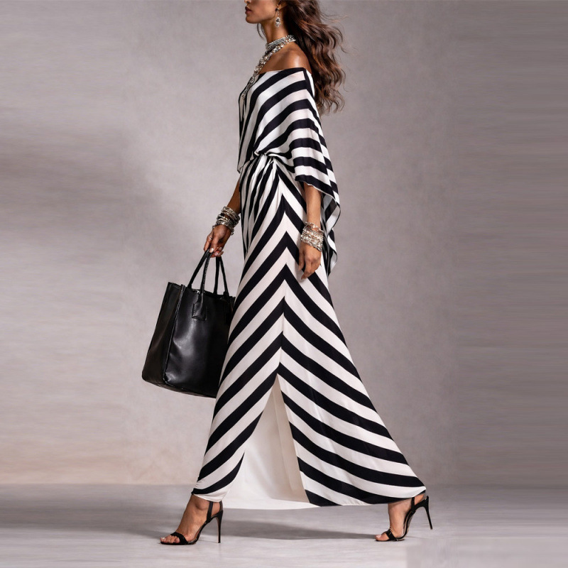 Women's Striped Off-Shoulder Loose Midi Dress