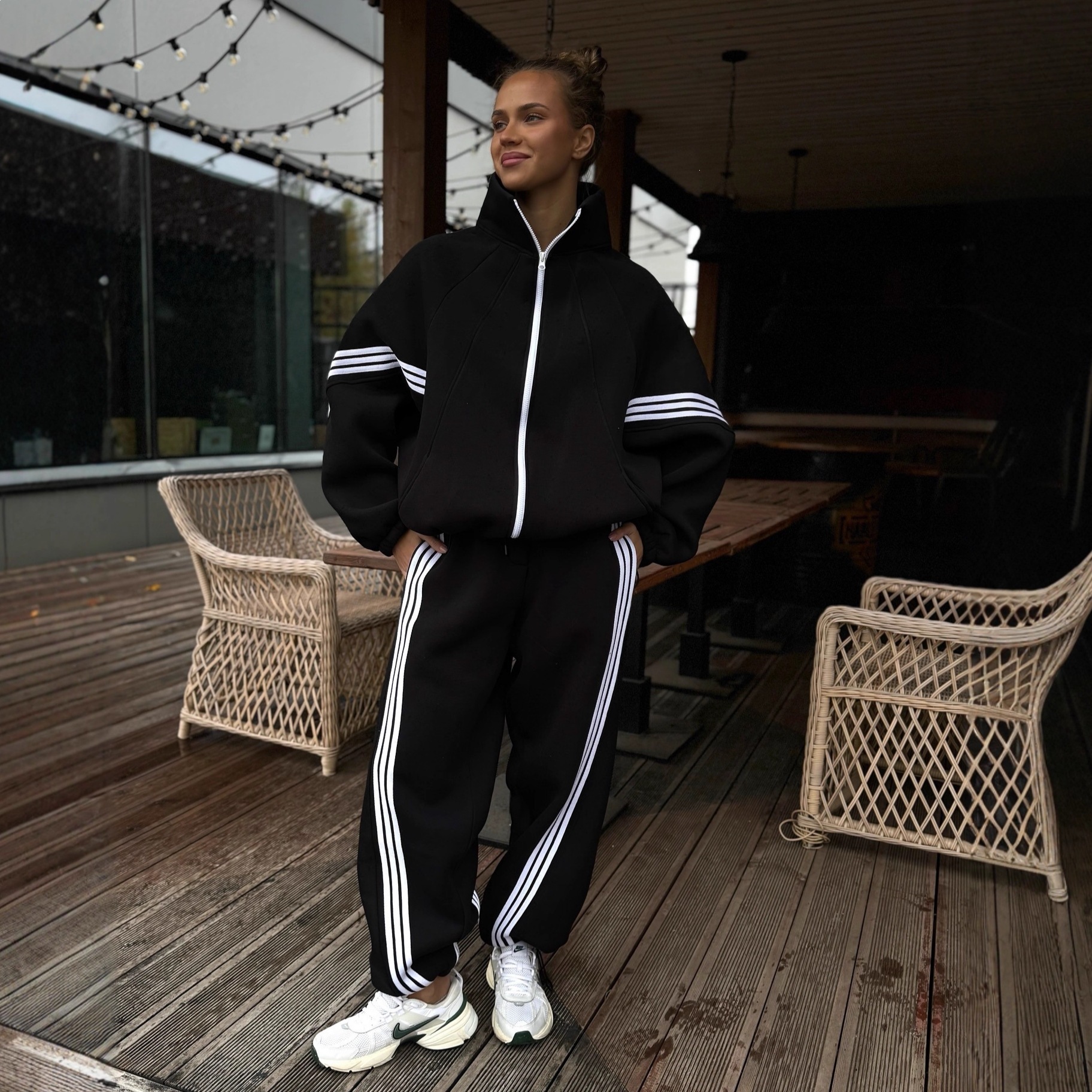 Striped Color-Block Stand-Collar Jacket & Elastic-Waist Pants Set