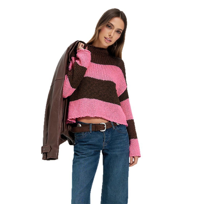 Color-Block Striped Loose Knit Sweater