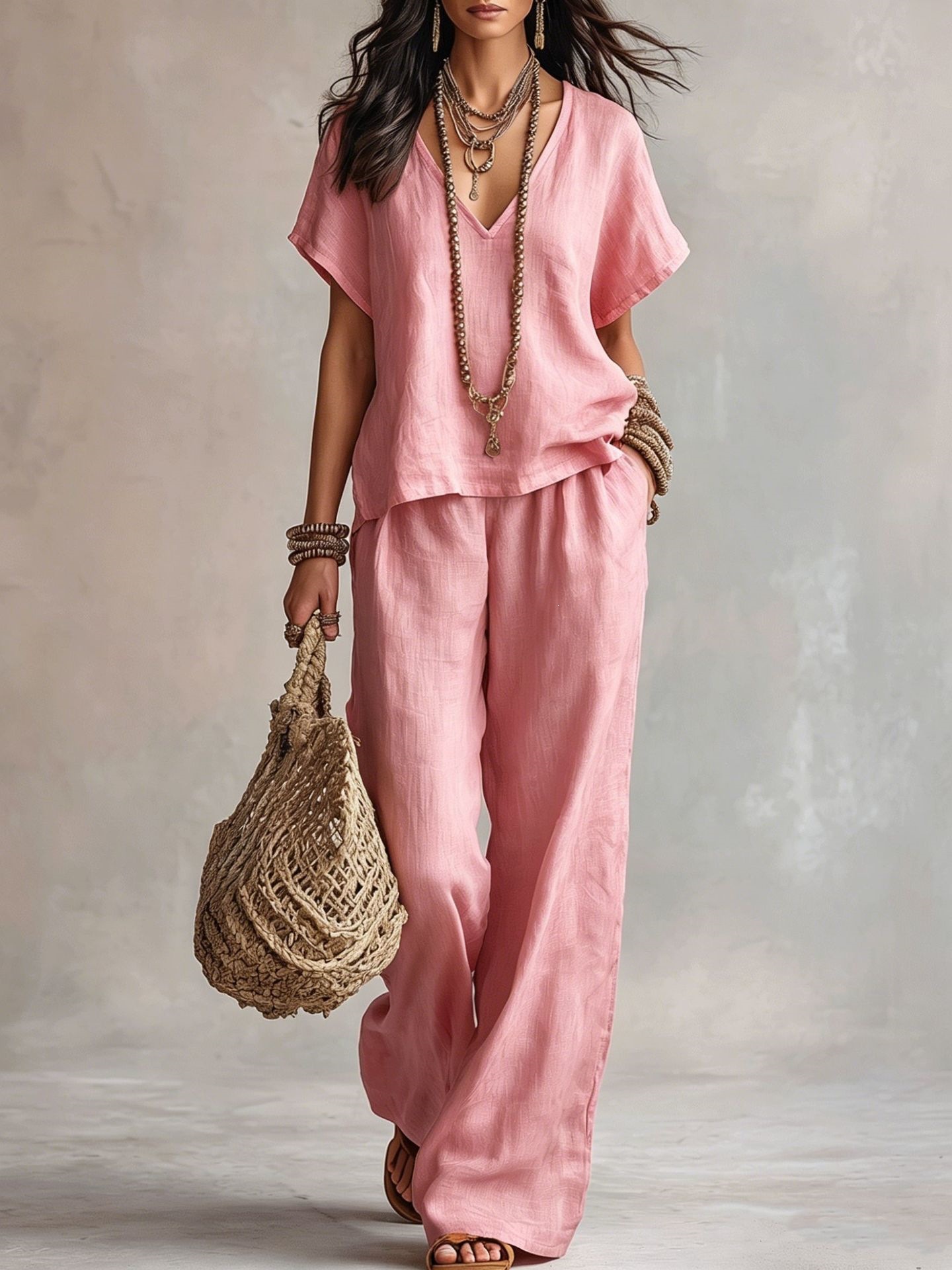Women's Casual Solid V-Neck Short Sleeve Top & Pants Two-Piece Set