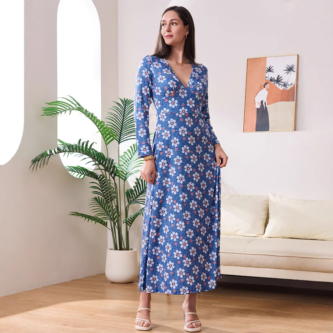 Women's Digital Floral Print Deep V-Neck Long Sleeve A-Line Maxi Dress