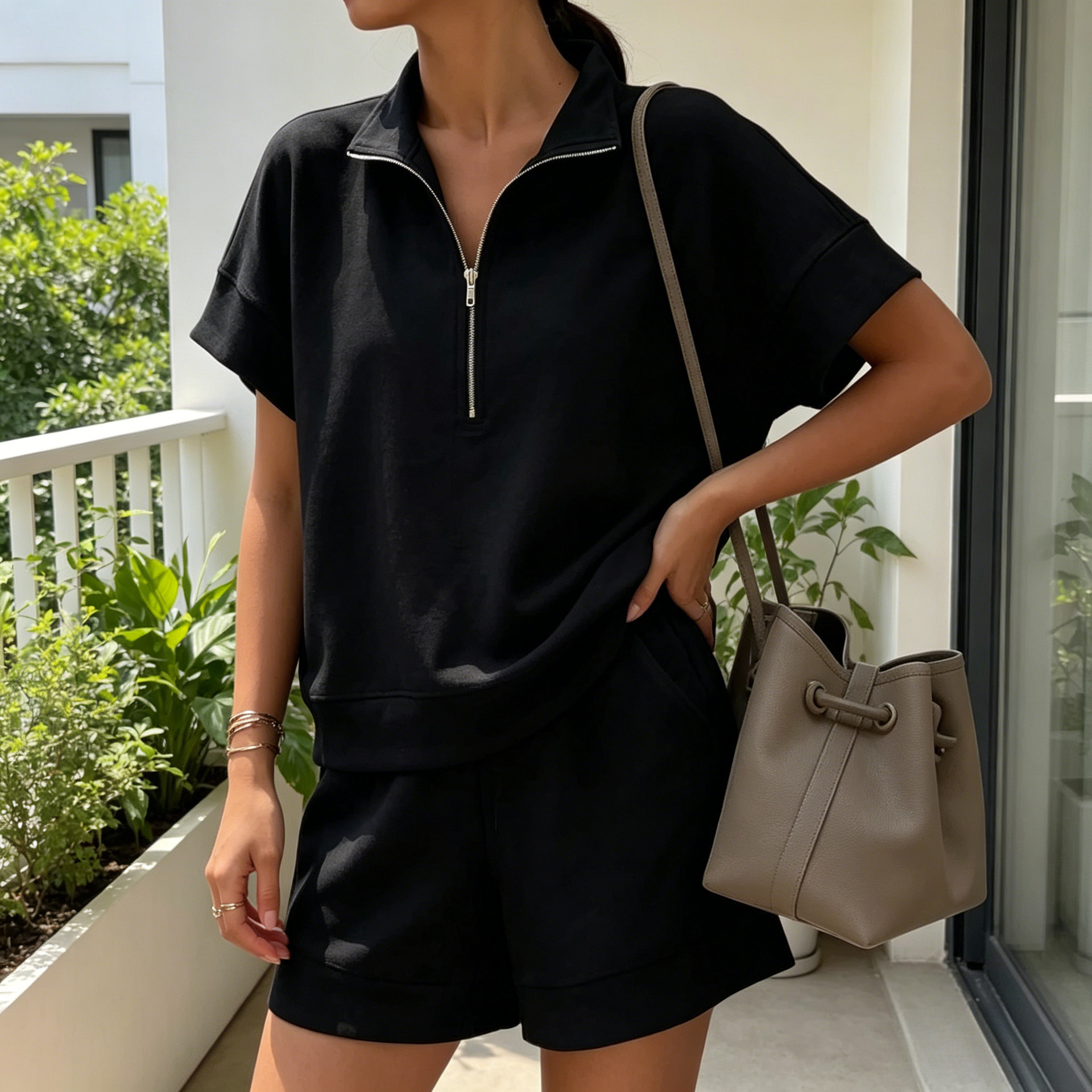 Solid Color Long Sleeve Tee & Shorts Two-Piece Set