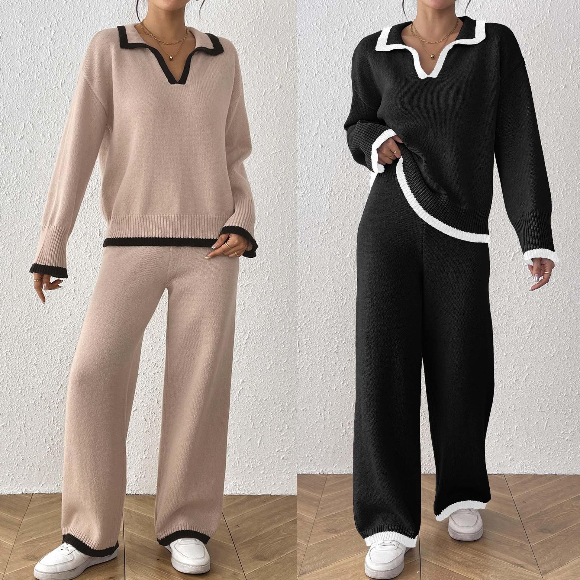 Women's Color-Block Polo Neck Sweater and Wide-Leg Pants Two-Piece Set