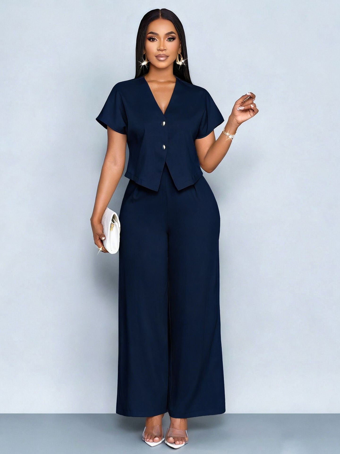 Women's V-Neck Asymmetric Cardigan & Wide-Leg Pants Plus Size Casual Two-Piece Set