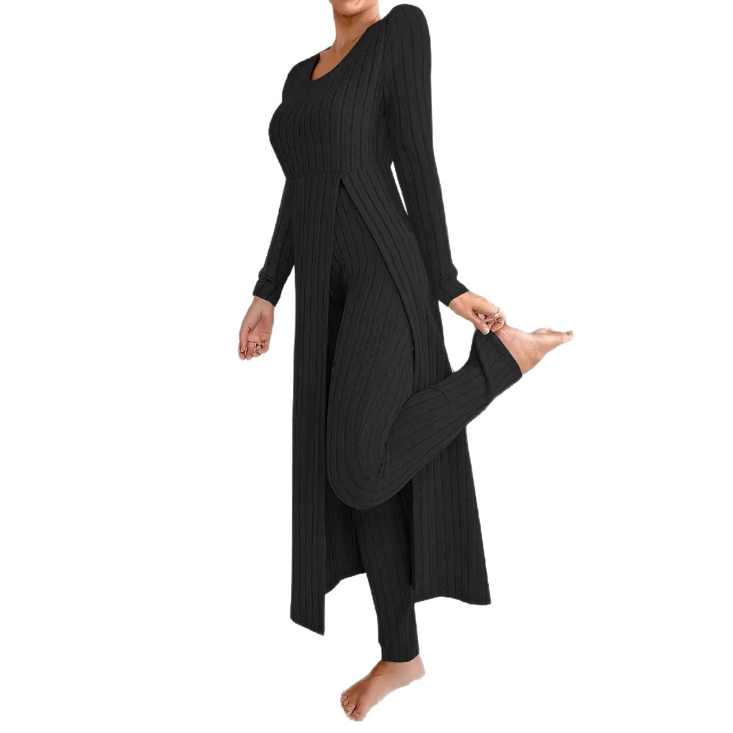 Women's Two-Piece Set with Split Hem Long Sleeve Top