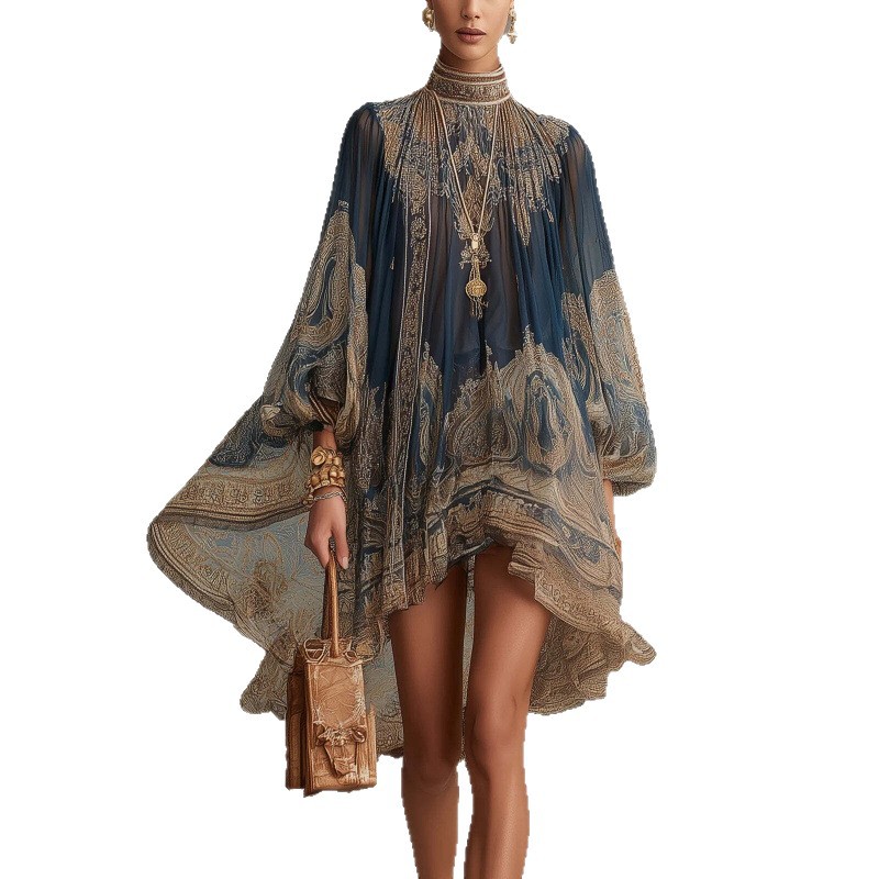 High Neck Printed Midi Dress with Long Sleeves and Shawl, Loose Boho Vacation Style