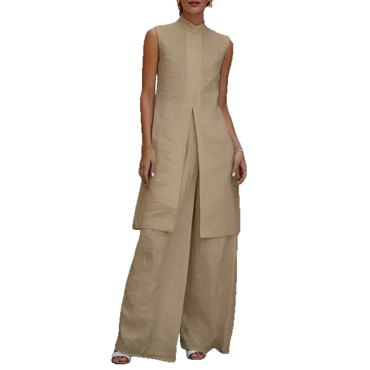 Women's Sleeveless Cotton-Blend Shirt and Wide-Leg Pants Set
