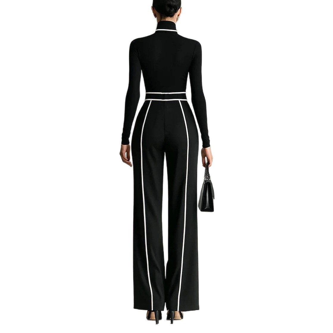 Women's Color-Block Stand-Collar Long-Sleeve Top and Wide-Leg Pants Set